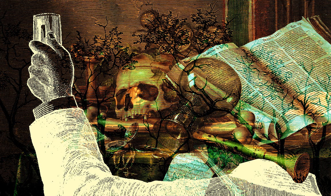 An illustration that includes a hand toasting a beverage, a skull, and an open book.